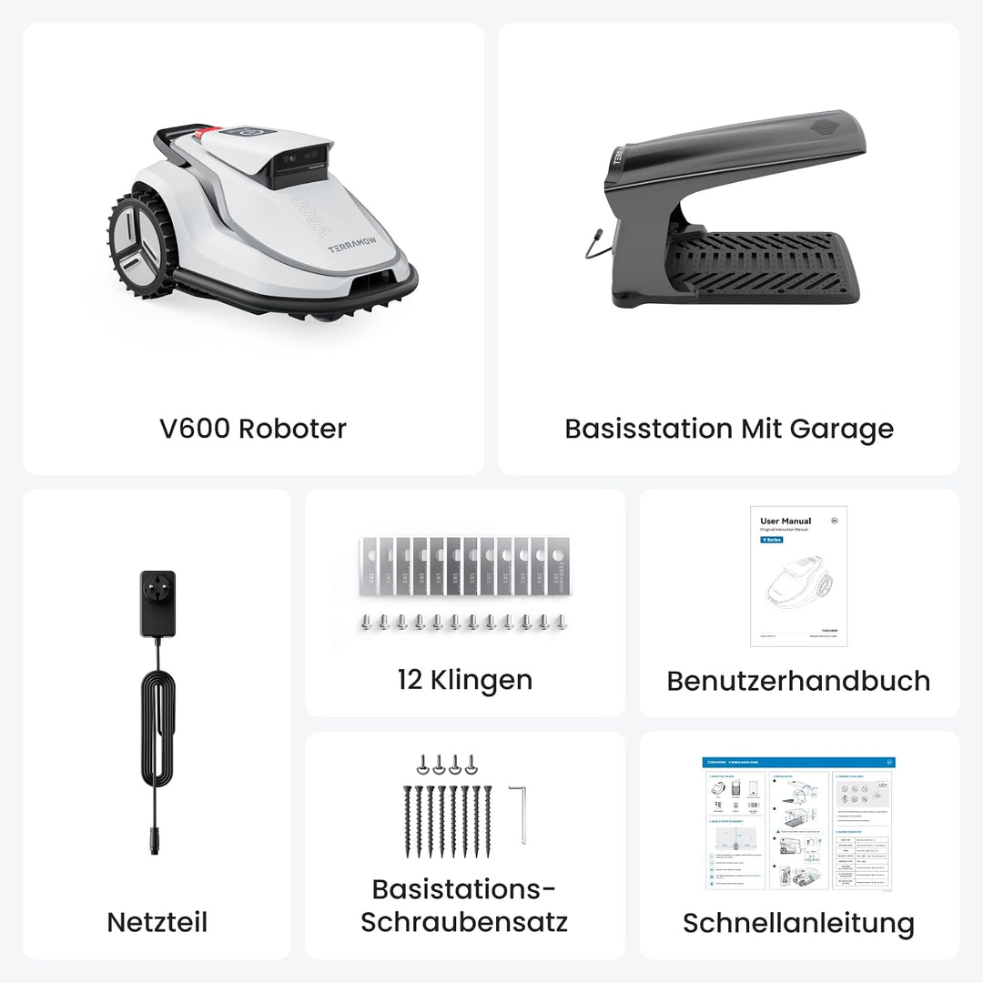 TerraMow V600 Mähroboter ohne Begrenzungskabel mit Garage, Tri-AI Vision-Technologie ohne Kabel-/RTK