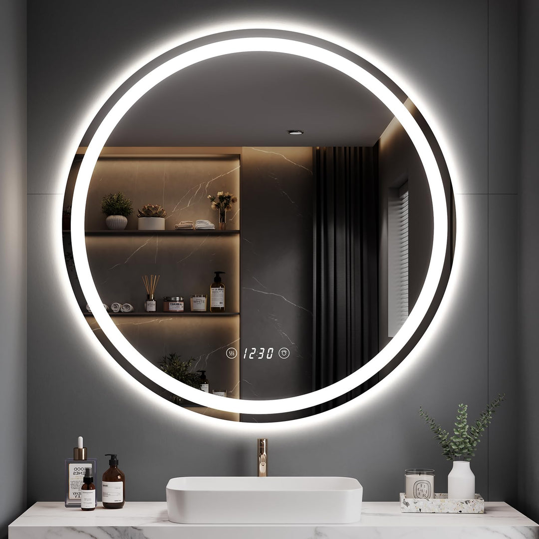 Dripex Badspiegel mit Beleuchtung Rund Led Spiegel mit Uhr und Touch-Schalter, Dimmbar, 3 Lichtfarbe