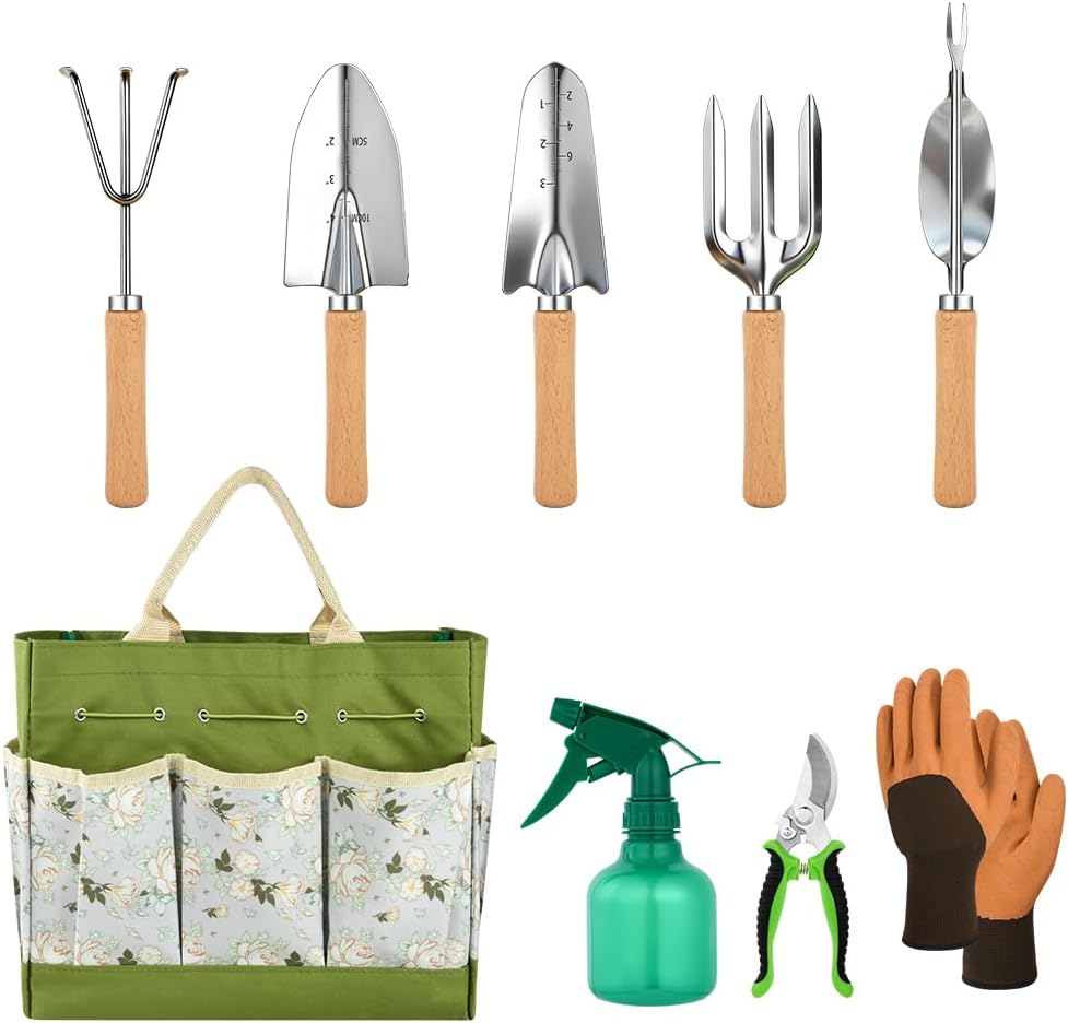 Gartenwerkzeug Set, 9 Stück Garten Hand Werkzeuge mit Aufbewahrungstasche, Stabil Rost-Sicht Garteng