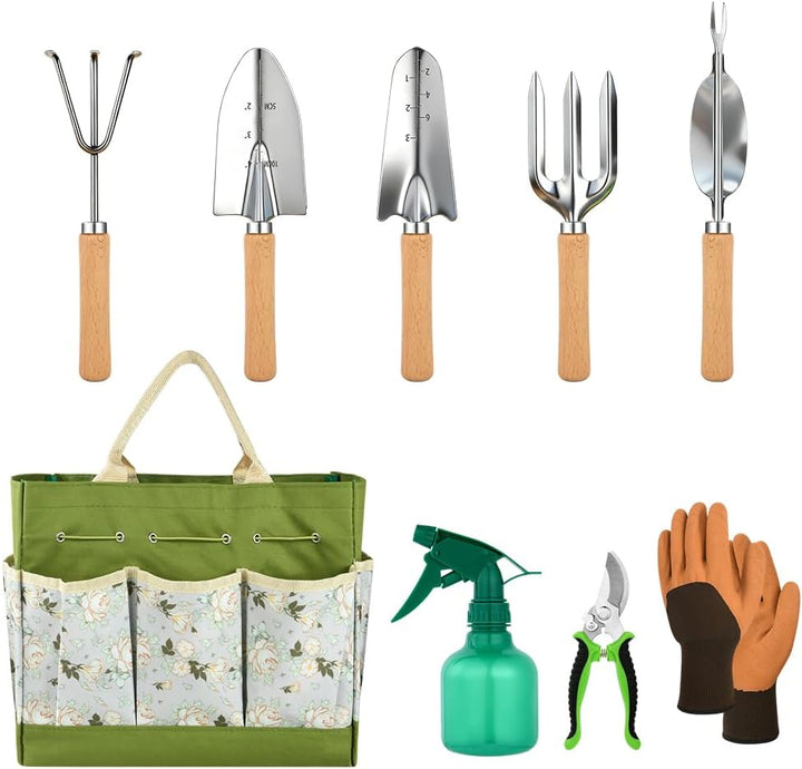 Gartenwerkzeug Set, 9 Stück Garten Hand Werkzeuge mit Aufbewahrungstasche, Stabil Rost-Sicht Garteng