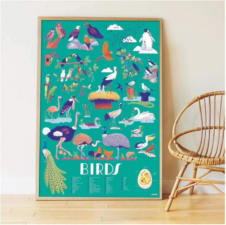 POPPIK 1841149 Sticker-Poster, Vögel, interaktives Lernposter mit Aufklebern, mehrsprachiges Vogelpo