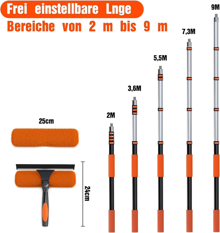 LAANPOLE 9m Fensterputzer Teleskop, 2-in-1 Fensterabzieher für die Fensterreinigung, Fensterwischer