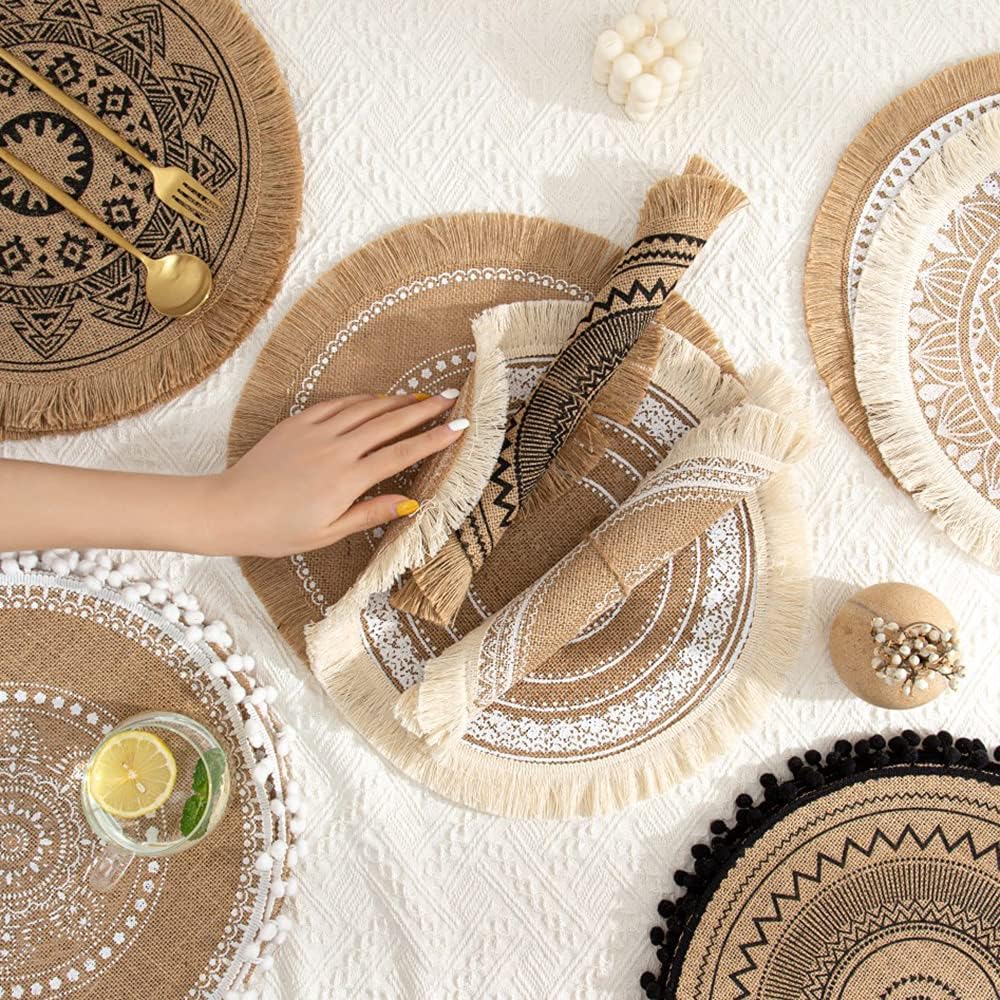 Rund Gewebte Platzset,Boho Tischsets,Jute Tischsets mit Mandala Quaste,Böhmen Farmhouse Retro Restau