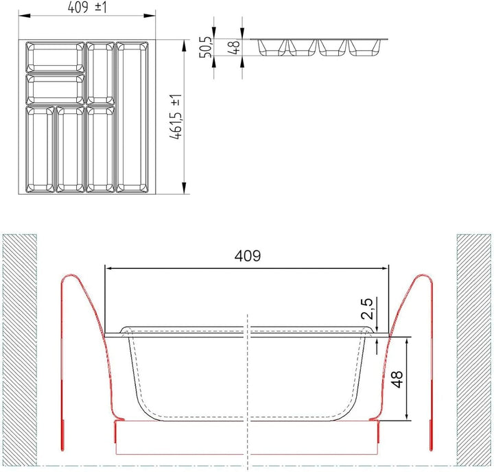 ORGA-BOX 2 Besteckeinsatz Tiefe: 461 x Breite: 409 mm silbergrau mit Canvas Struktur für 50er Nobili