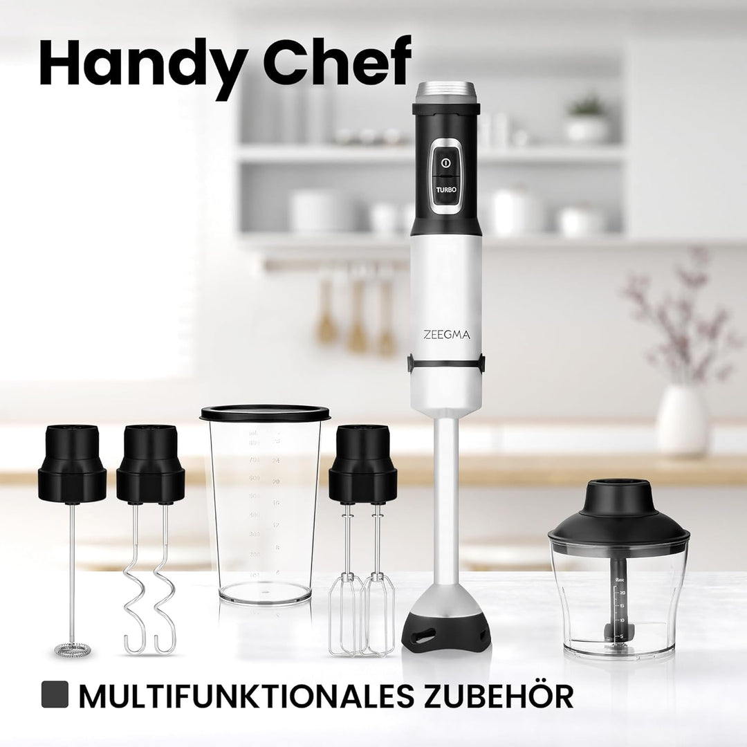 ZEEGMA Handy Chef Stabmixer 5in1 multifunktional 1500W, Düsensatz: Pürierstab, Mixer, Quirl, Rührhak