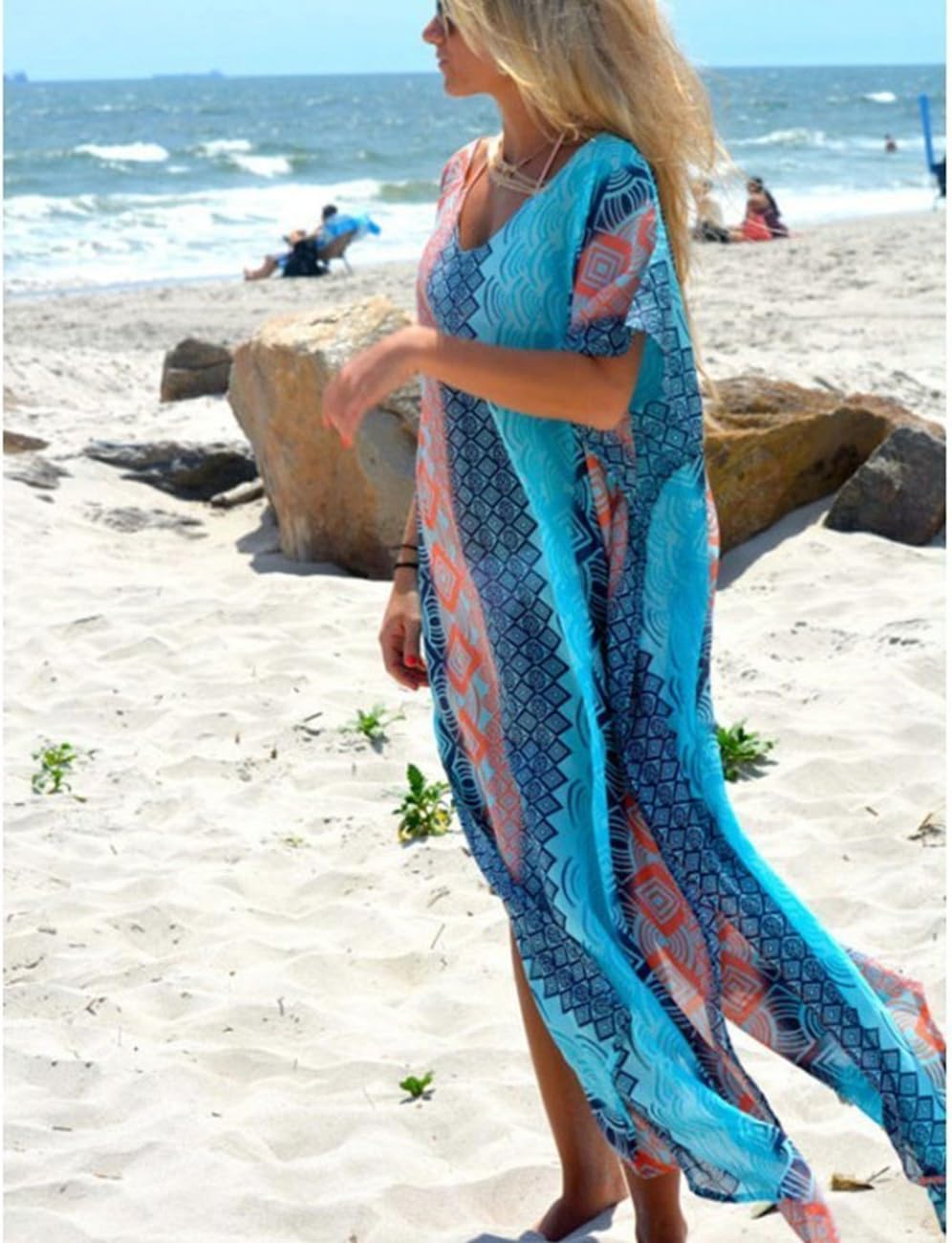 Bsubseach Damen Beachwear Türkische Kaftans Lange Strandkleid Caftan Beach Dress B-blau, B-blau