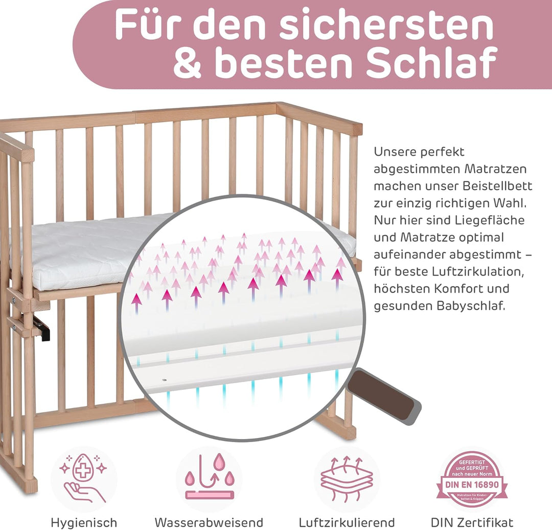 babybay Midi Beistellbett, natur unbehandelt mit Matratze Classic Soft Natur Unbehandelt 88L x 44.5B