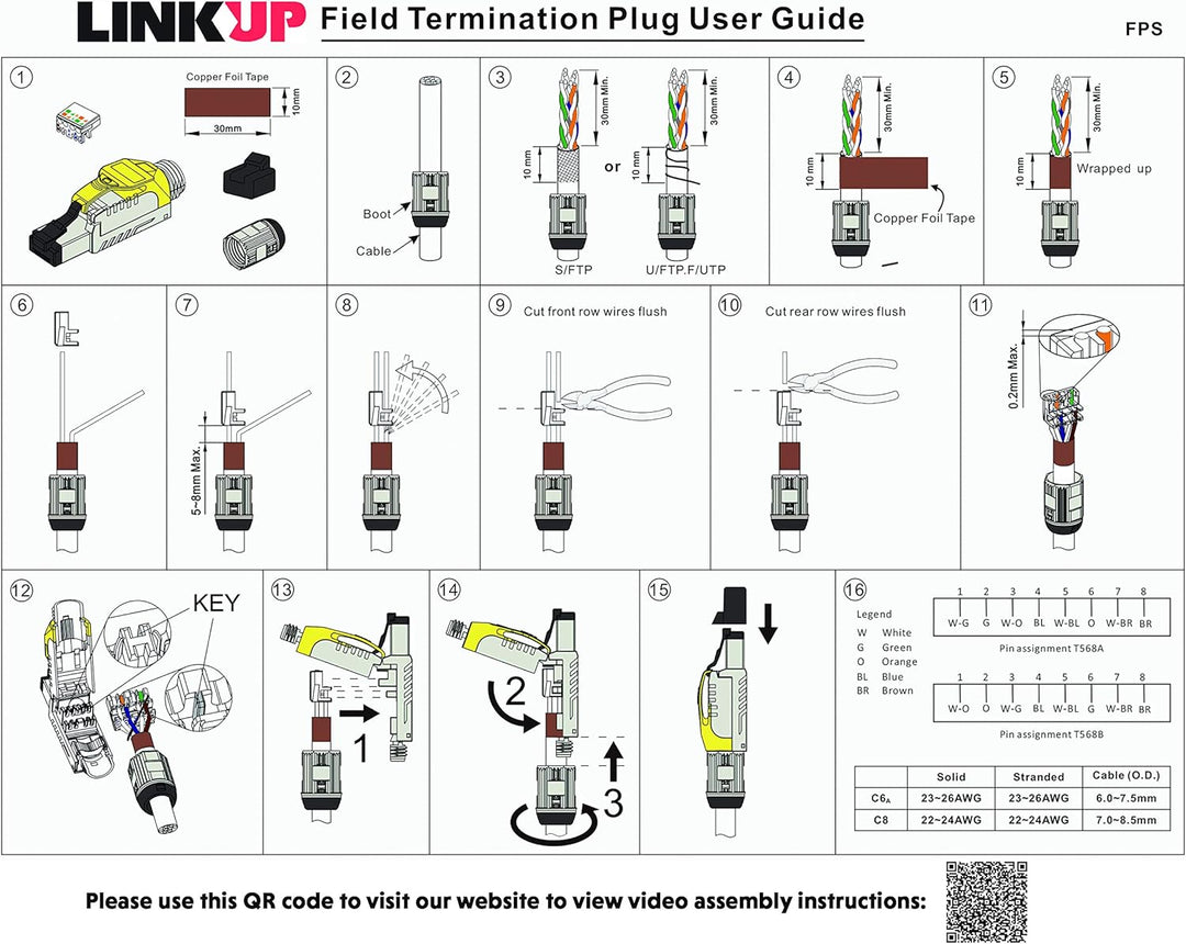 LINKUP - RJ45 Connectors Cat6A (6 Pack) Shielded Metal Die-Cast Field Modular Termination Plug | 10G