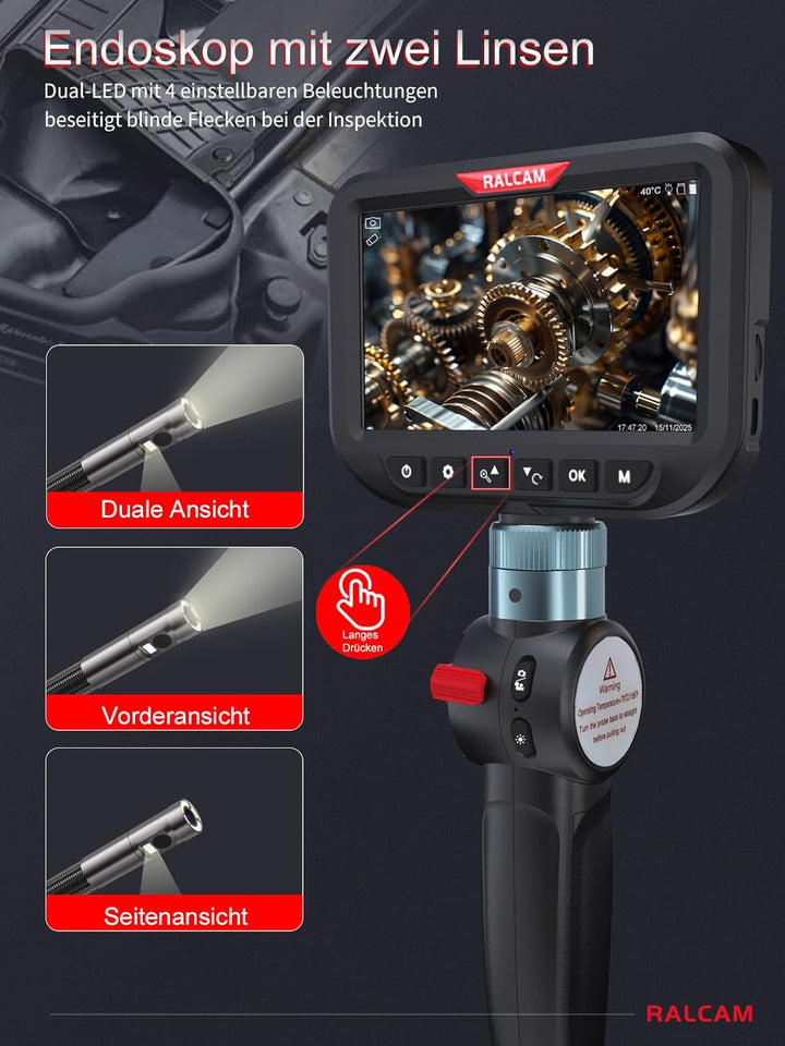Ralcam Endoskopkamera mit Licht, Endoscope Camera mit 180° beweglichem Kopf, 6,5mm Dual-Sonde, 5" HD