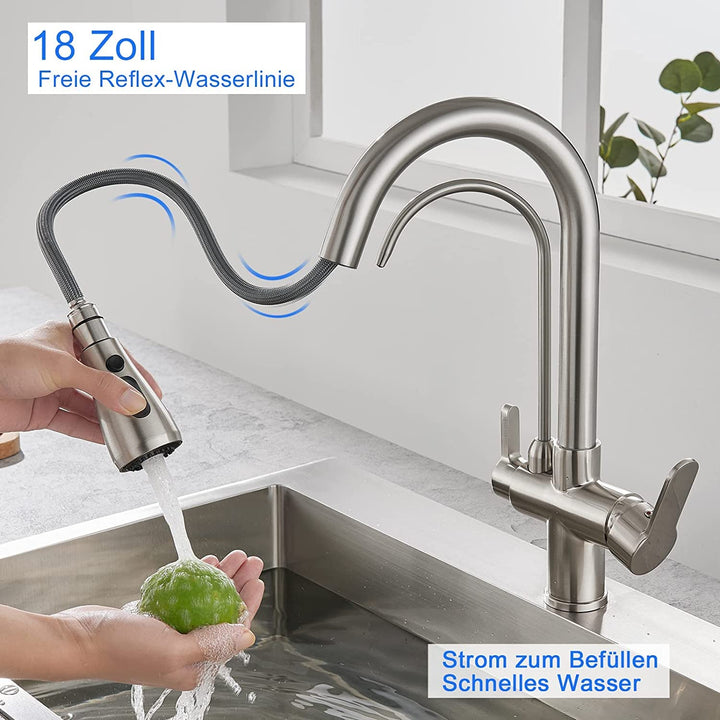 KEOKBON Filter-Küchenarmatur mit Trinkwasserhahn, 3-Wege-Küchenarmatur mit hohem Bogen, 3 in 1 Misch