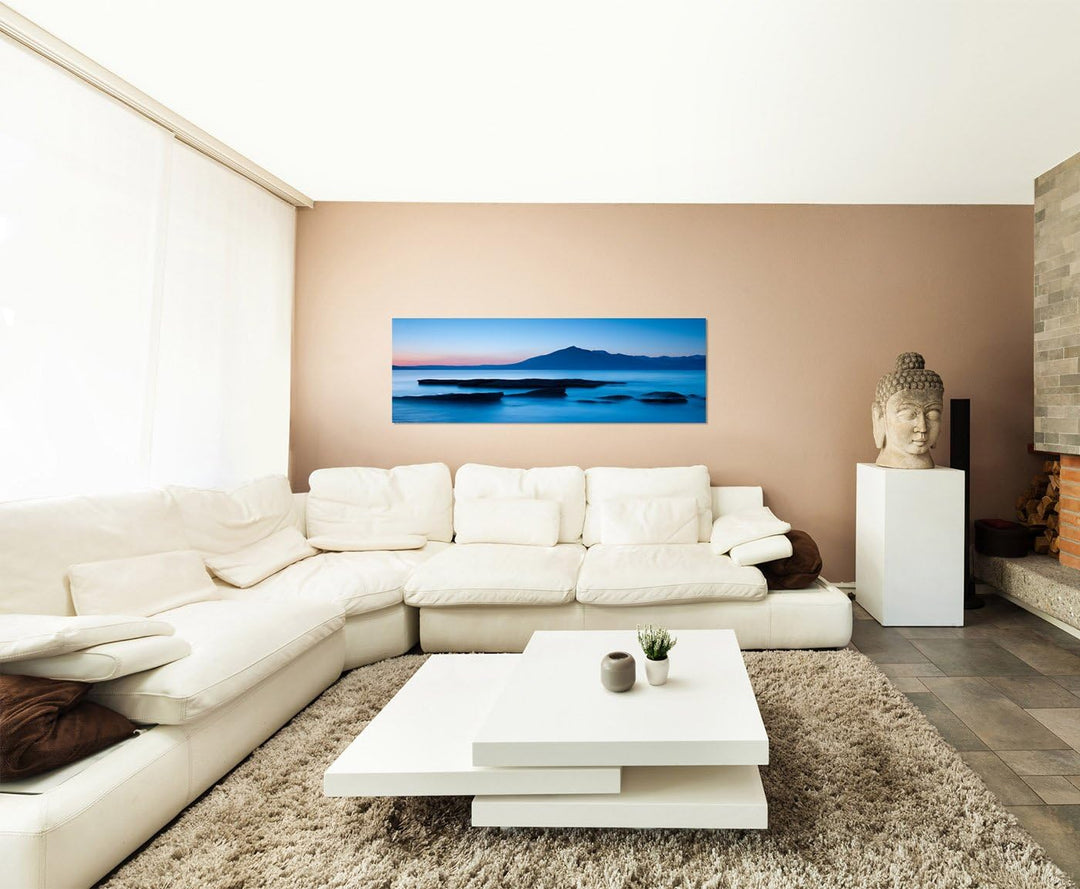 Paul Sinus Art Panoramabild auf Leinwand und Keilrahmen 150x50cm Schottland Berge Felsen Meer Dämmer