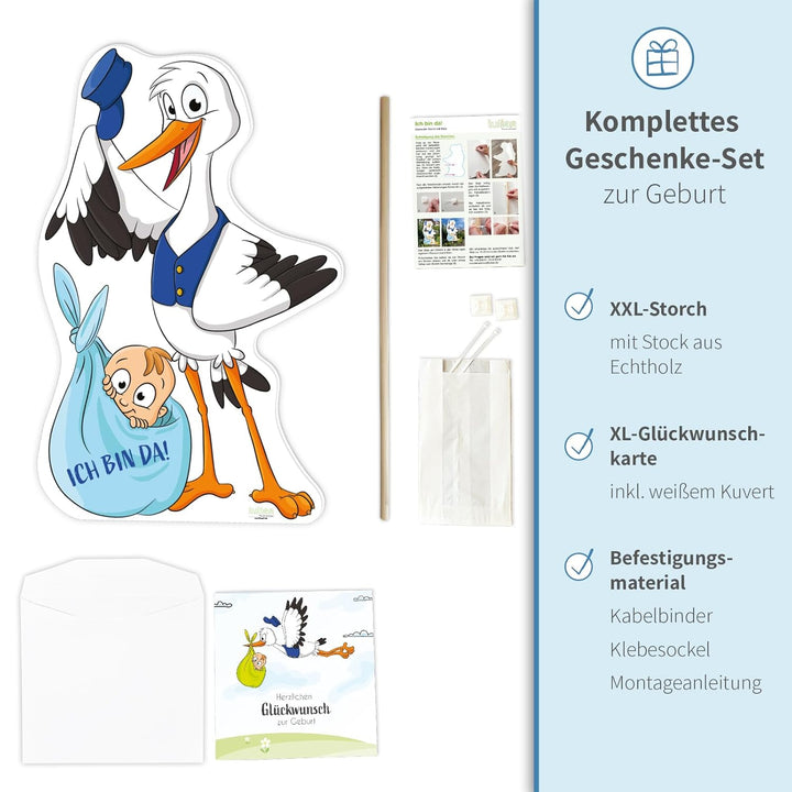 Storch zur Geburt Baby, Junge blau I 110 cm I wetterfest für draussen I Set: Klapperstorch + Stab au