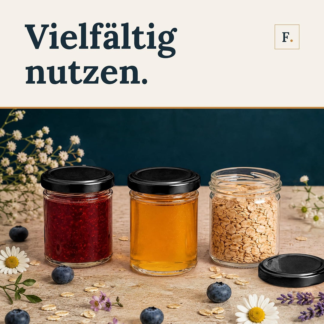 flaschenbauer.de BAUER 24er Set Sturzgläser 214 ml inkl. Schwarze Twist Off Deckel TO66 zum Einmache