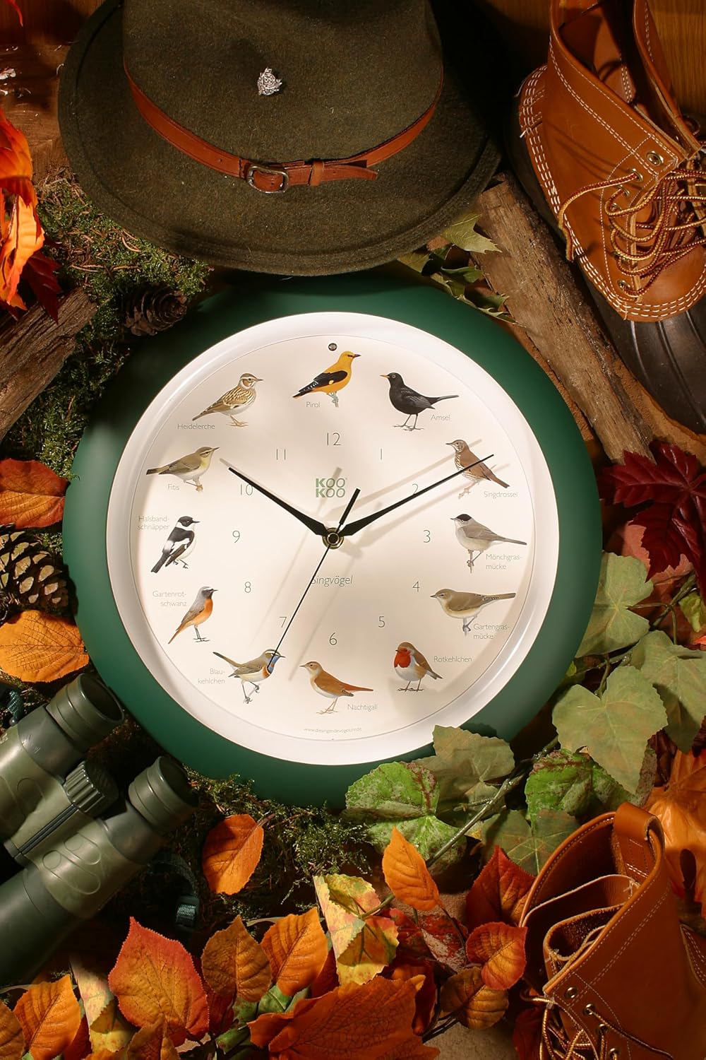 KOOKOO Singvögel Quarzwerk seiden-grau, Die Singende Vogeluhr, runde Wanduhr mit natürlichen Vogelst