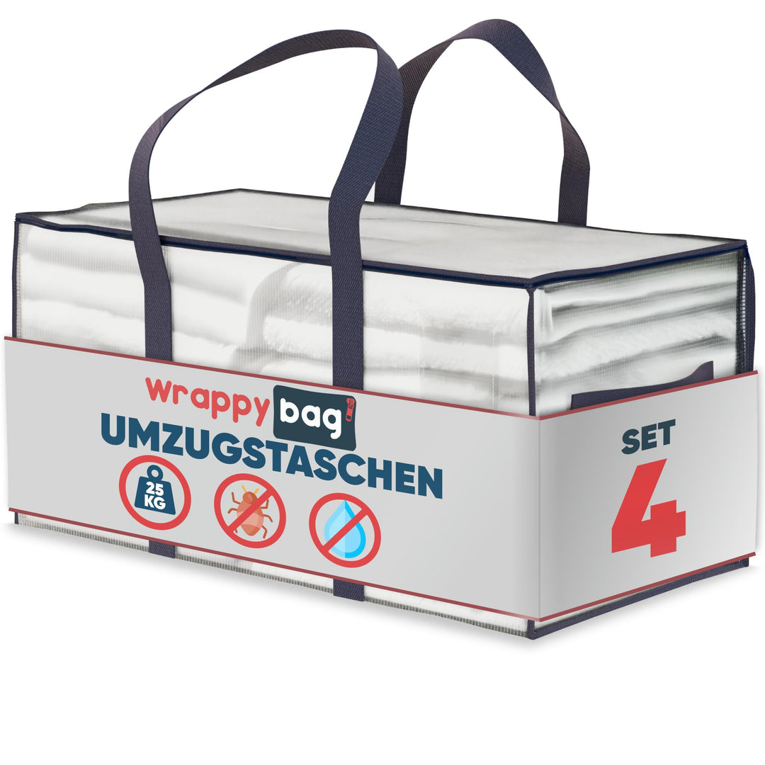 WRAPPYBAG im 4er-Pack Grosse Aufbewahrungstaschen aus transparentem Kunststoff – XXL-Tasche für Umzu
