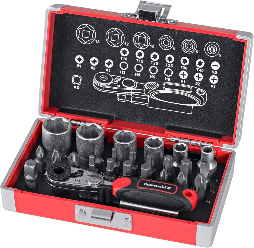 Rothewald Mini-Ratschensatz, Metrisch, 26 Teile, Motorrad-Bordwerkzeug, Ratschen- & Bit-Set, Ideal f