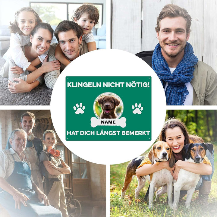 Hunde Schild personalisiert - Klingeln nicht nötig - Metallschild mit Foto und Name für aussen, wett