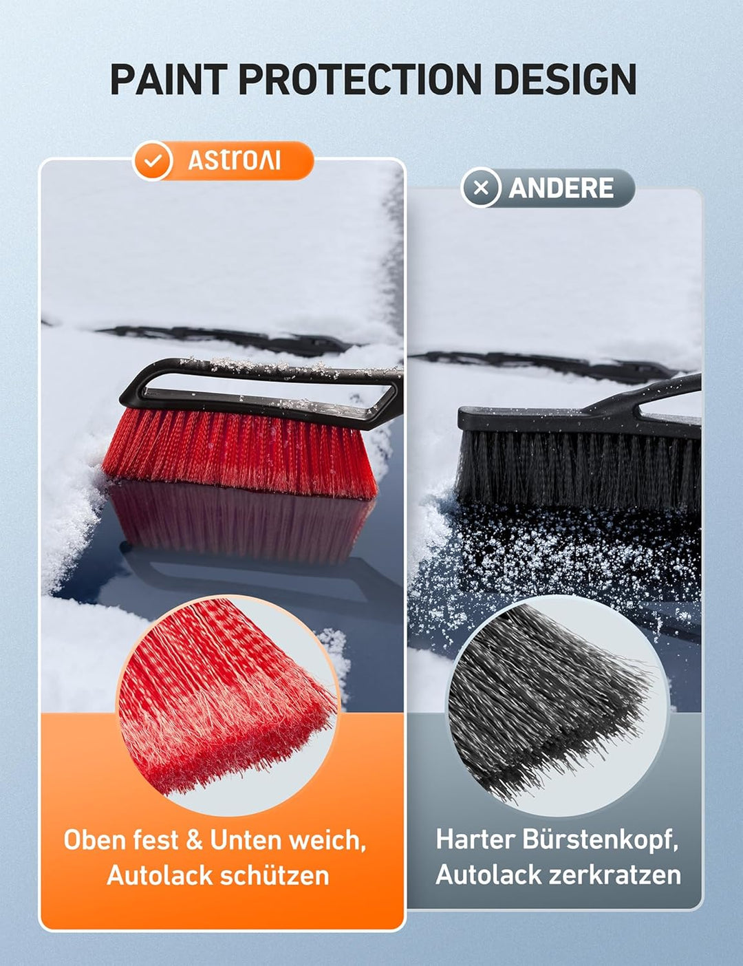 AstroAI Eiskratzer Auto mit Besen Schneebesen Abnehmbarer 68CM Lang mit grosse Kante Borsten & Ergon