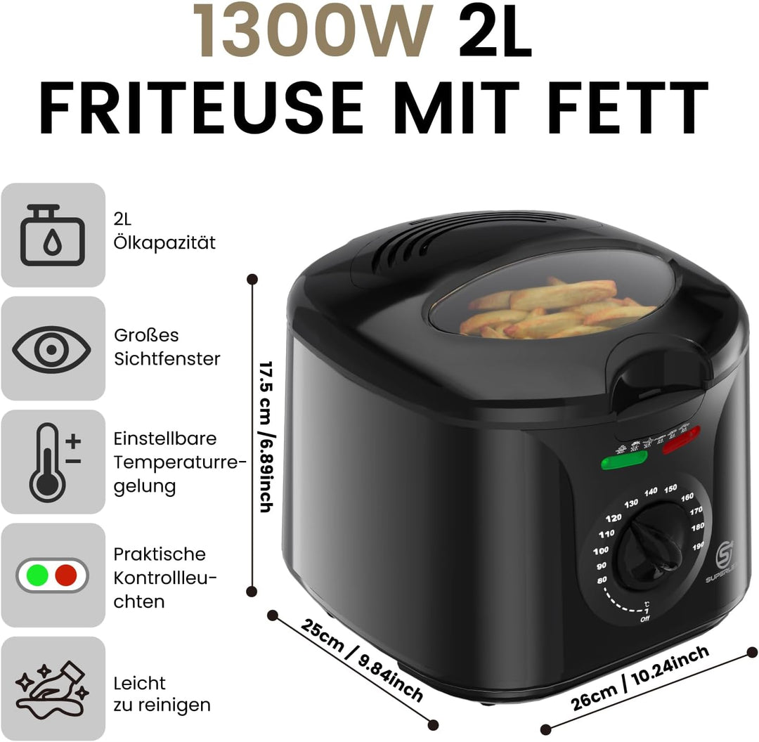 Friteuse mit Fett 2L Elektrische 1300W Kompakte Mini Fritteuse Öl mit Temperaturregelung Edelstahl F