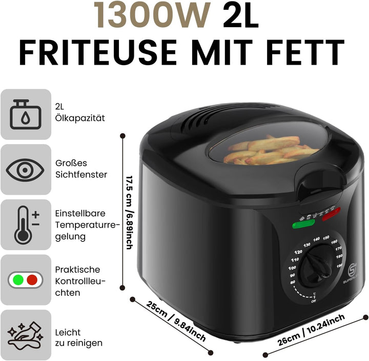 Friteuse mit Fett 2L Elektrische 1300W Kompakte Mini Fritteuse Öl mit Temperaturregelung Edelstahl F
