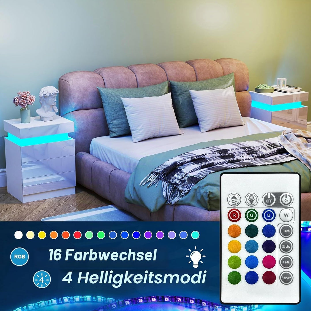 Lvhcmfohm Nachttisch Weiss 2er Set, Nachtschrank mit Led Licht, Nachtkommode mit 3 Schubladen und Sc