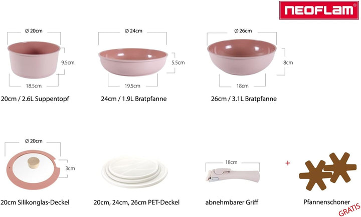 NEOFLAM® - Midas Plus Topf- und Pfannen-Set mit abnehmbarem Griff, 8-teilig, induktionsgeeignet, Ker