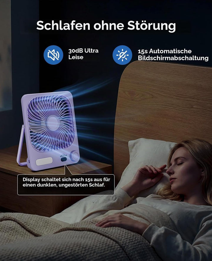 Akku Ventilator: 10000mAh 40H Tischventilator Leise mit 100 Stufen, 15s Auto-Aus LED Display, Reinig