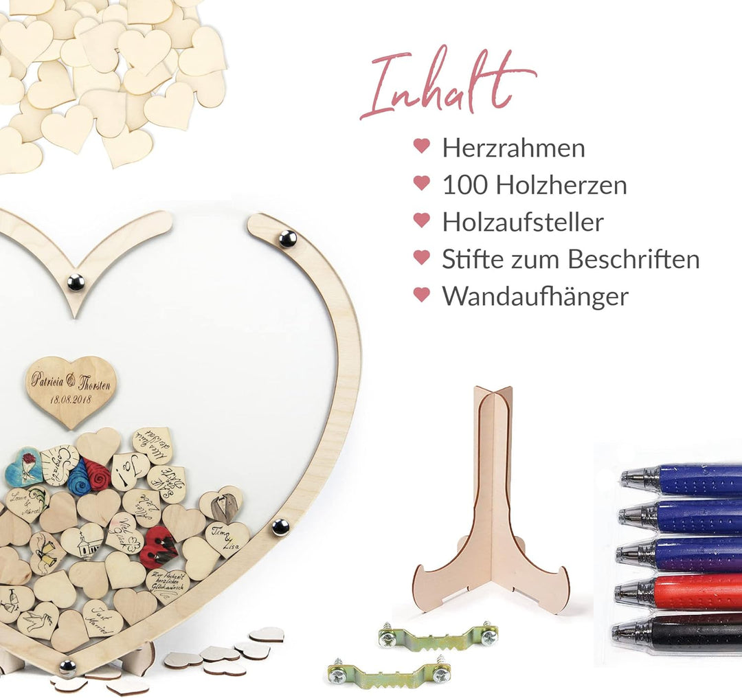 Laserano - Holzherz Gästebuch personalisiert 50x42x1,5cm | inkl. 100 Herzen zum Beschriften | Hochze