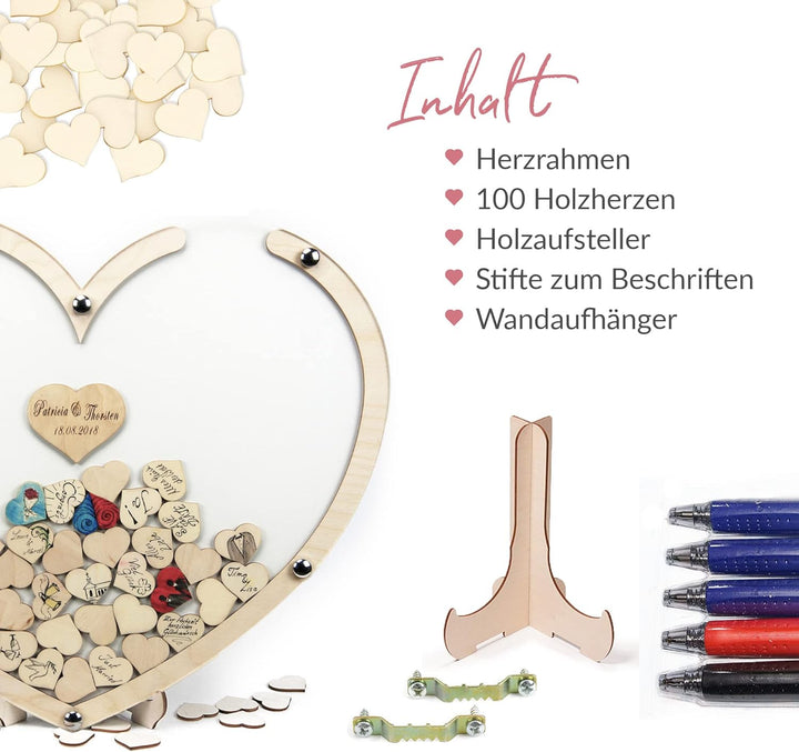 Laserano - Holzherz Gästebuch personalisiert 50x42x1,5cm | inkl. 100 Herzen zum Beschriften | Hochze