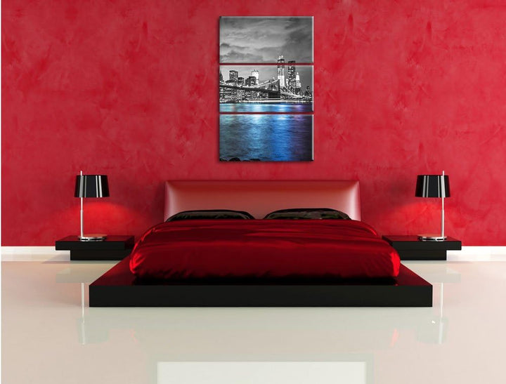 Pixxprint New York Skyline am Abend schwarz/weiss 3-Teiler Leinwandbild 120x80 Bild auf Leinwand