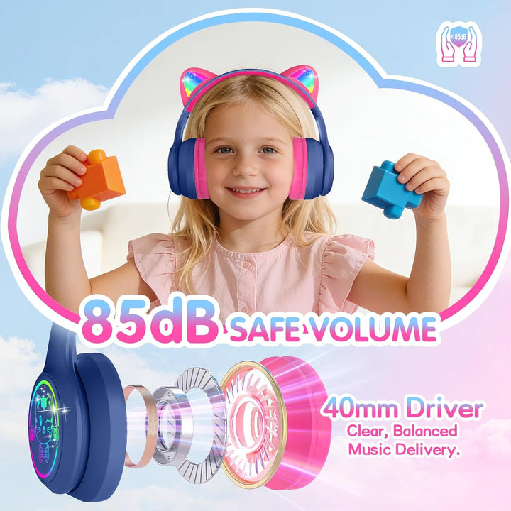 IFECCO Bluetooth Kopfhörer Kinder kabellos mit Aufbewahrungstasche, Kinderkopfhörer Over-Ear mit LED