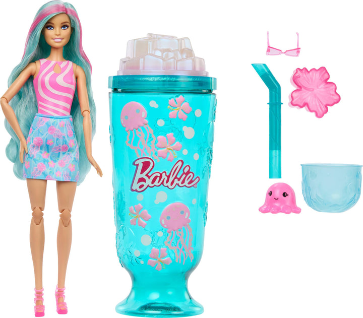 Barbie Pop Reveal-Puppe und Zubehör, Slushy mit Ozeanmotiven, Modepuppe und Haustier mit 8 Überrasch