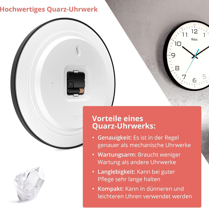 Mebus moderne Quarz-Wanduhr klassisches Design kräftige, grosse Ziffern 30cm Durchmesser / Farbe: Sc