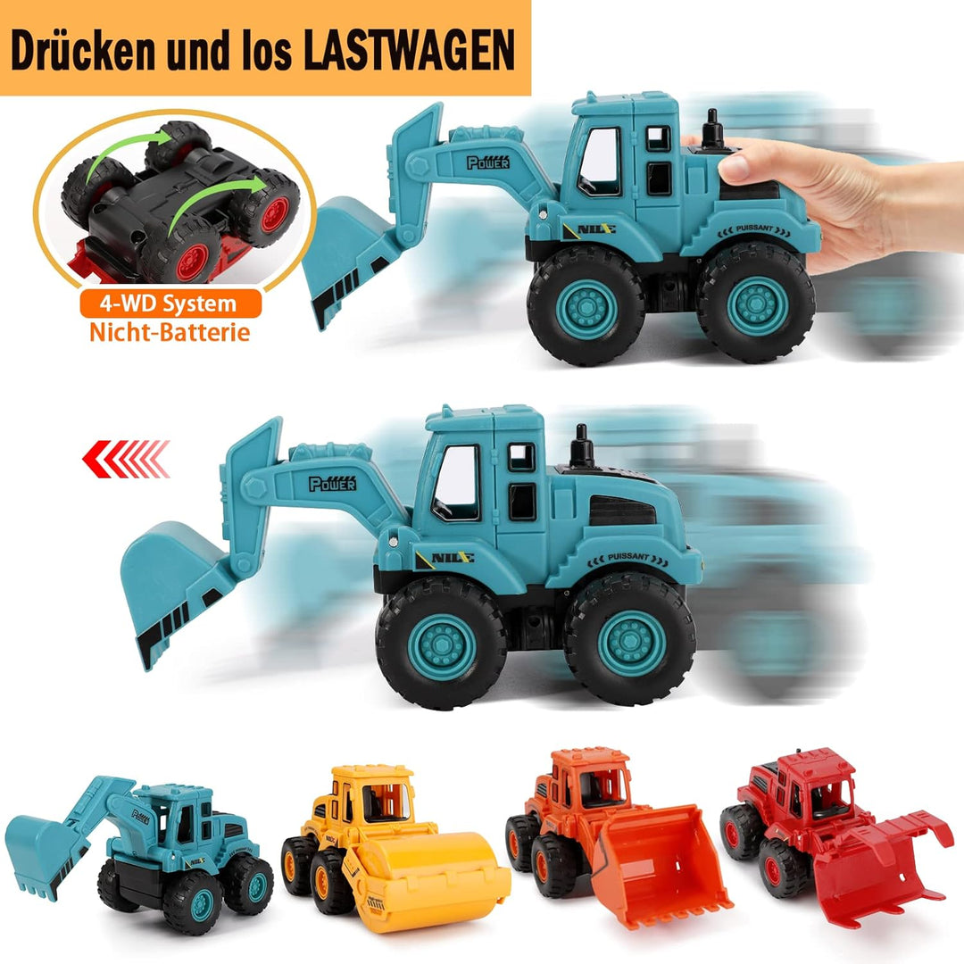 EOGRFW 4 Stück Baufahrzeuge Spielzeug,Bagger Spielzeug Auto Spielzeugautos Set,Baustellen Fahrzeuge