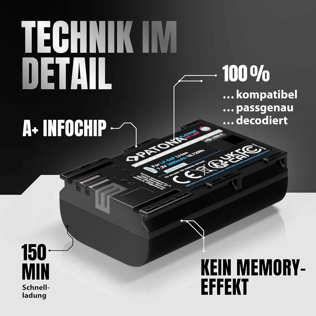 PATONA Platinum LP-E6P LP-E6NH Akku (2600mAh / 4A) mit direkt Eingang USB-C Kompatibel mit Canon EOS