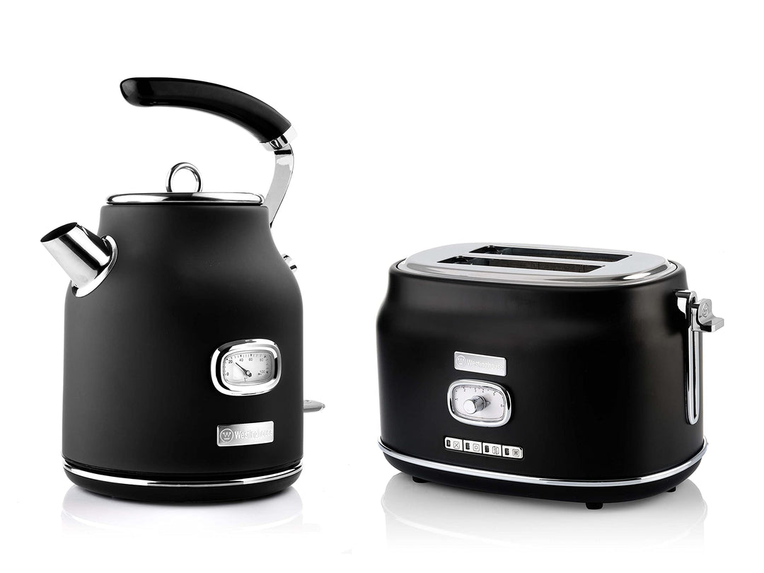 Westinghouse Retroline Frühstück-Set Schwarz, Toaster & Wasserkocher, 1.7 Liter, Kalkfilter & Überhi