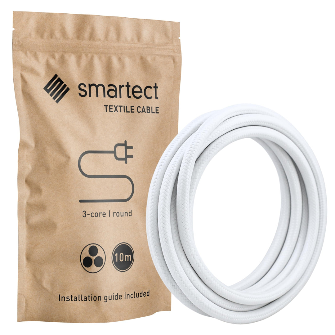 smartect Textilkabel Weiss, 10 Meter Vintage Lampenkabel Stoff, 3-Adrig (3 x 0.75 mm²) Stromkabel Te