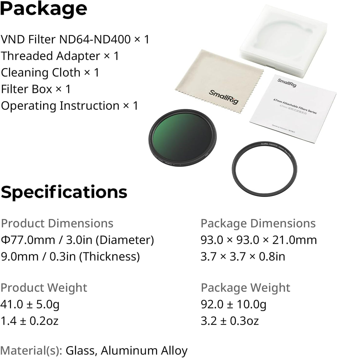 SMALLRIG magnetischer 67-mm-VND-Filter ND64-ND400 (6-9 Blendenstufen), Einstellbarer ND-Filter für i