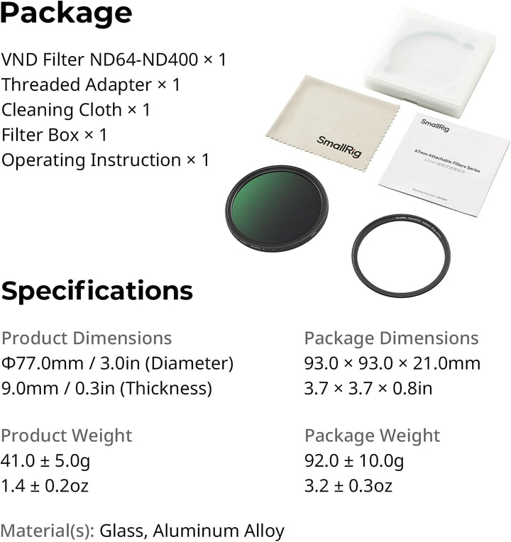 SMALLRIG magnetischer 67-mm-VND-Filter ND64-ND400 (6-9 Blendenstufen), Einstellbarer ND-Filter für i