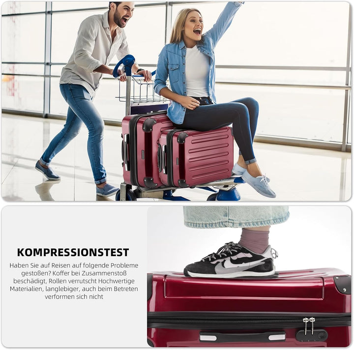 BEIBYE Hartschalen Koffer Trolley Rollkoffer Reisekoffer 4 Zwillingsrollen Polycabonat (Rot, Handgep