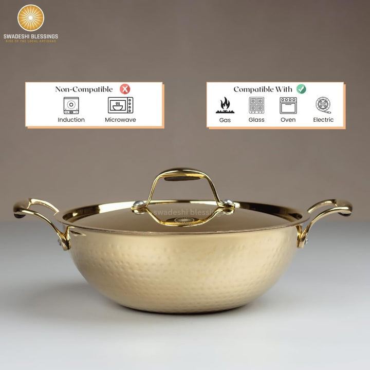 SWADESHI BLESSINGS Exklusive Range Messing Kadai zum Kochen mit Deckel/Teflonfrei/Natürlich antihaft