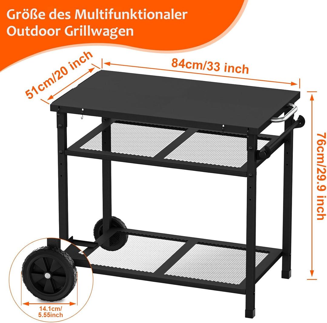 multifunktionaler Grillwagen, 3-Etagen Grill-Esswagen, Küchenwagen mit Papierhandtuchhalter und Hake