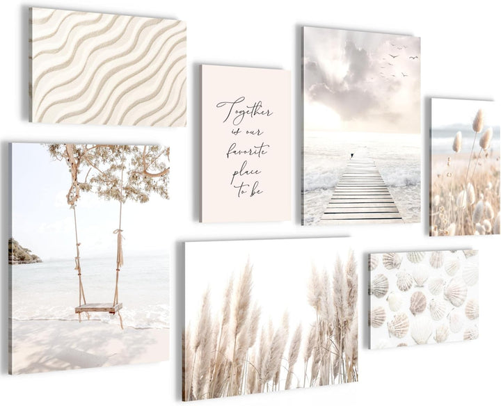 Novart Wandbilder Strand Meer Relax - KOMPLETT AUFHÄNGFERTIG - Beige Wohnzimmer Schlafzimmer- 7 Mode