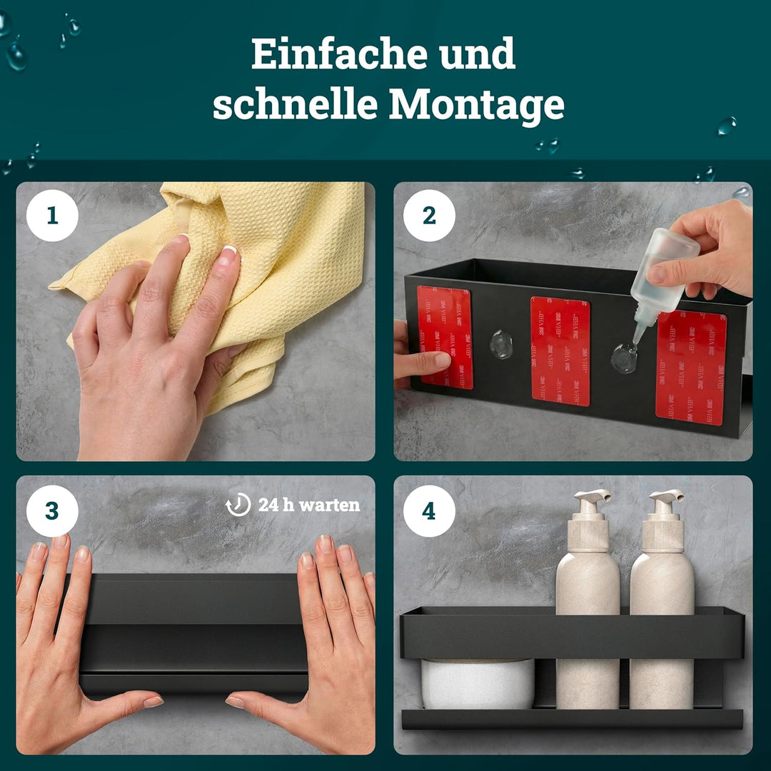 husman® Duschablage ohne Bohren | Edelstahl Matt-Schwarz | mit Ablaufrillen & 3 Haken | Kleben statt
