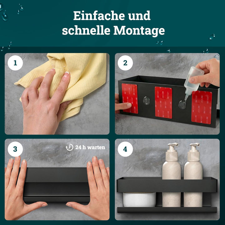 husman® Duschablage ohne Bohren | Edelstahl Matt-Schwarz | mit Ablaufrillen & 3 Haken | Kleben statt