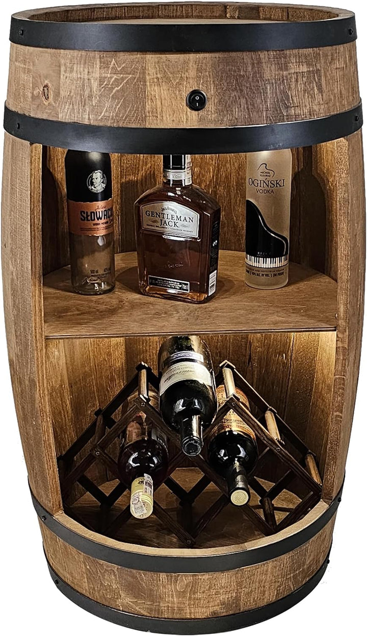 CREATIVE COOPER Fassbar LED mit Weinhalter - Weinregal - Holzfass Hausbar 80cm - Rustikaler deko Bar