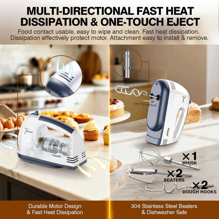 Handmixer, 7-stufig einstellbarer Küchenmixer, 304 Edelstahl-Zubehörteile (1X Schneebesen, 2X Knetha