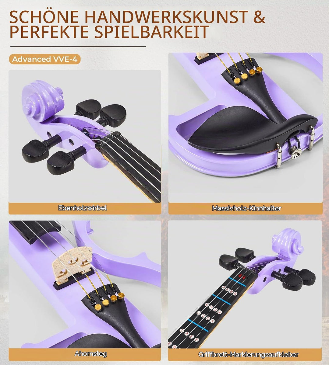 Vangoa 4/4 Elektrische Violine Stille Geige aus Massivem Holz mit Kolophonium, Tragetasche, Kabel, S