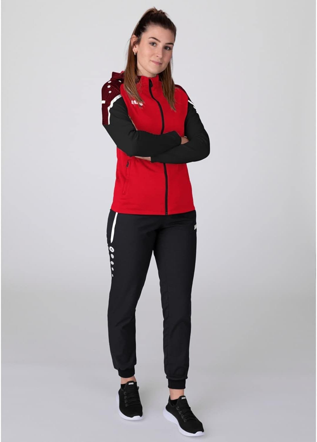 JAKO Damen Kapuzenjacke Performance, Royal/Weiss/Marine,6897, Rot/Schwarz