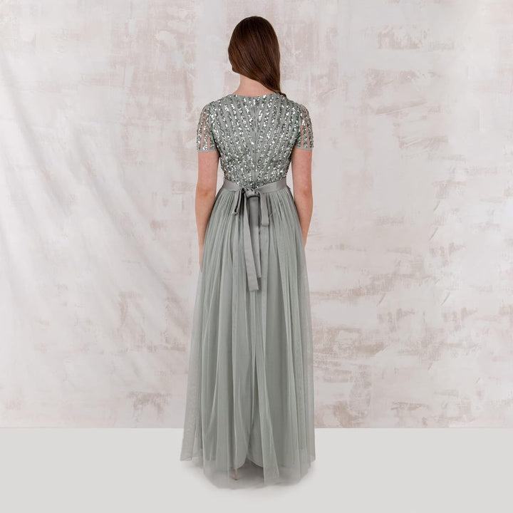 Maya Deluxe Damen Ballkleid Abendkleid V-Ausschnitt Maxi Länge Pailletten Kurze Ärmel für Hochzeit G